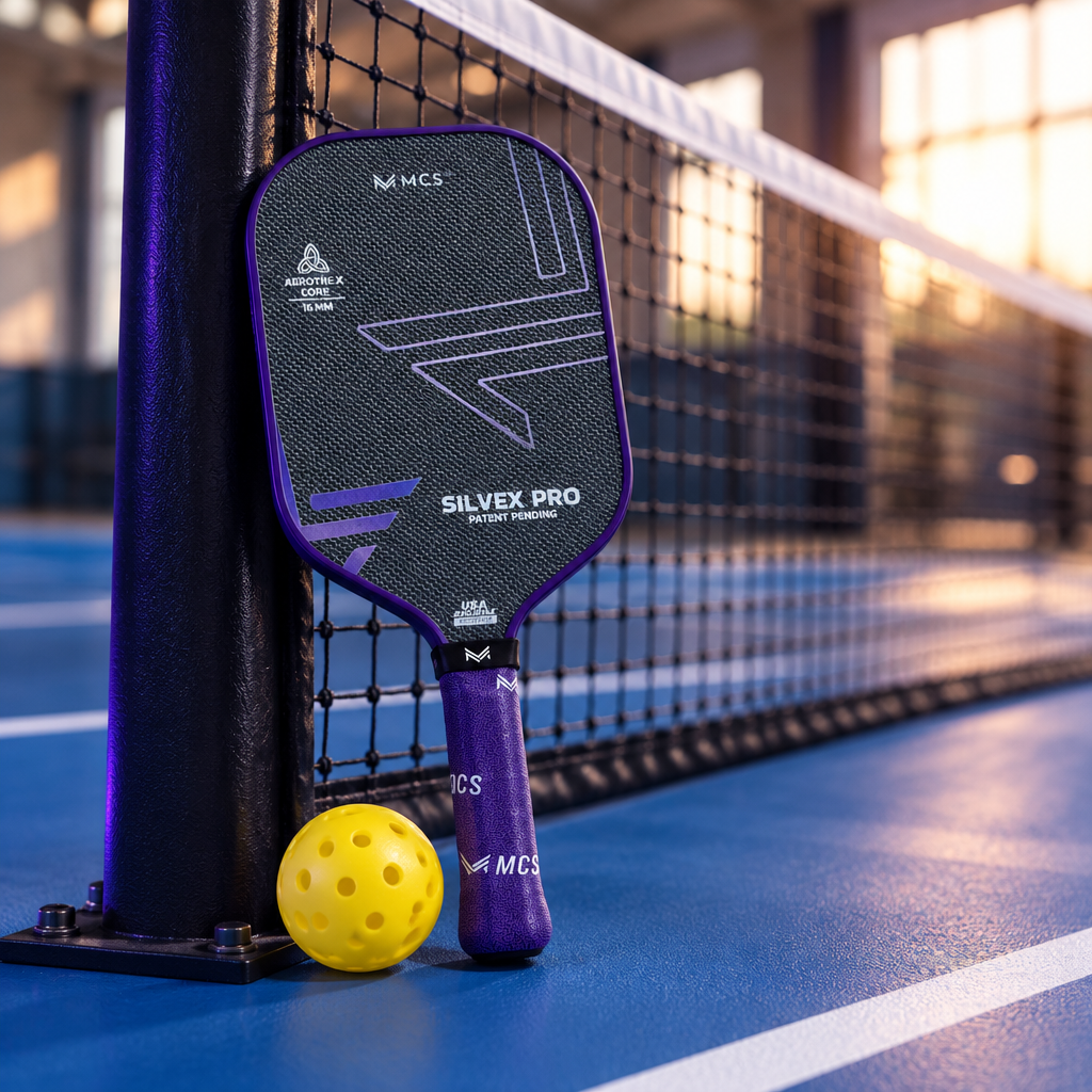 MCS SILVEX PRO pickleball paddle on an indoor court