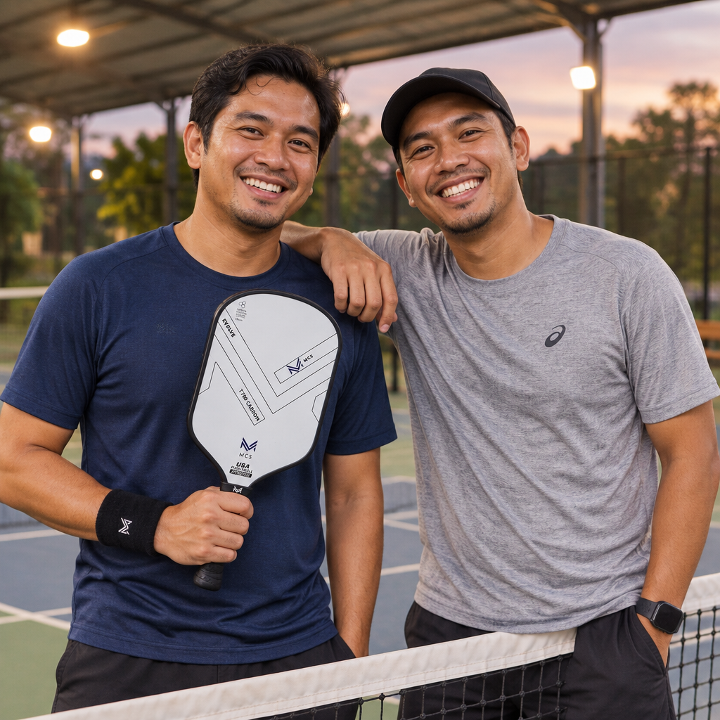 Friends at a pickleball court with the MCS EVOLVE beginner carbon paddle