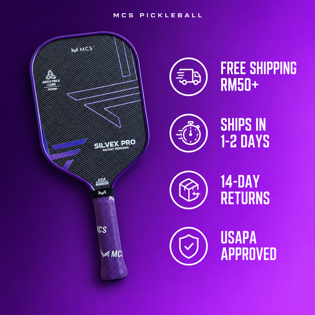 MCS SILVEX PRO pickleball paddle – free shipping RM50+, ships in 1-2 days, 14-day returns, USAPA approved
