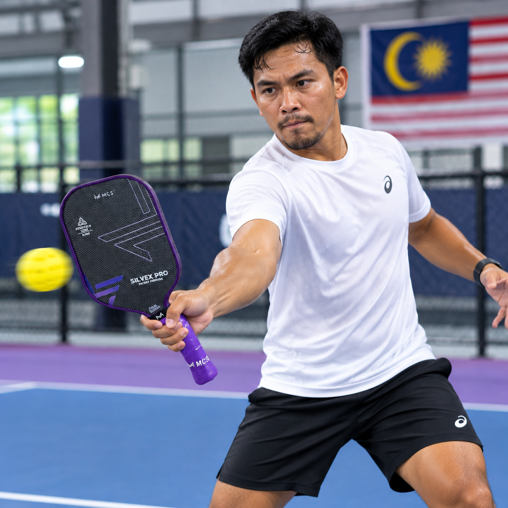 Player hitting a forehand drive with the MCS SILVEX PRO titanium pickleball paddle