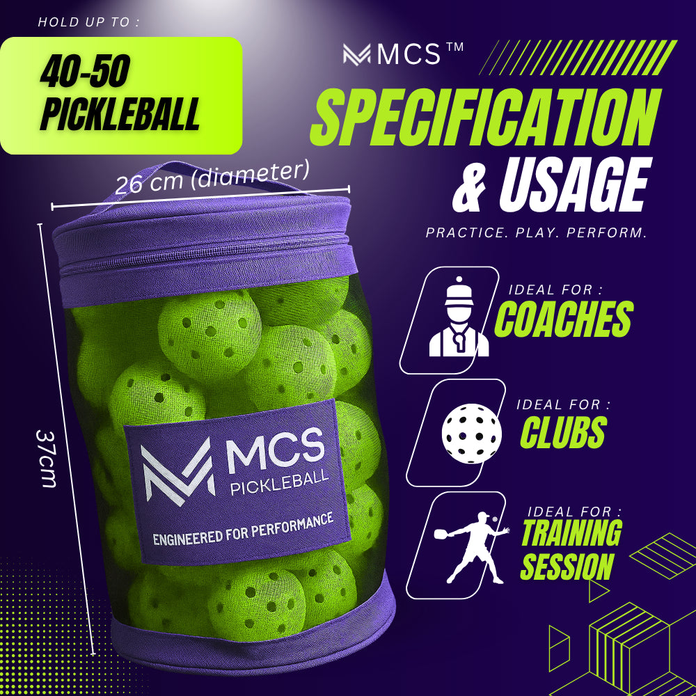 MCS Pickleball Ball Storage Bin Mesh Bag Holds 45 Balls